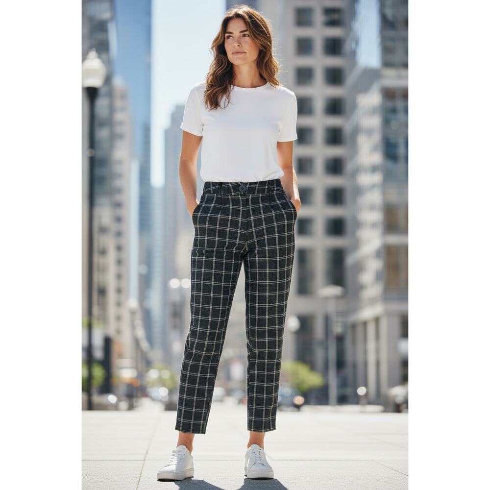 RUTI Womens Small Windowpane Pants Black Brown Textured Tapered Minimalist